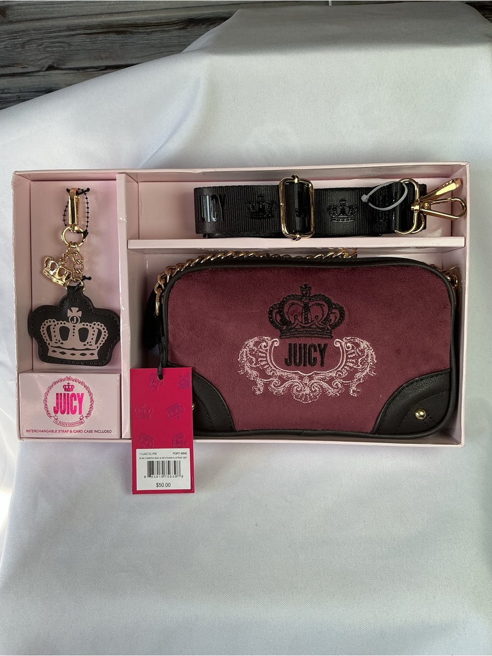⭐ Juicy Couture Port Wine Velvet Camera Bag Gift Set NWT